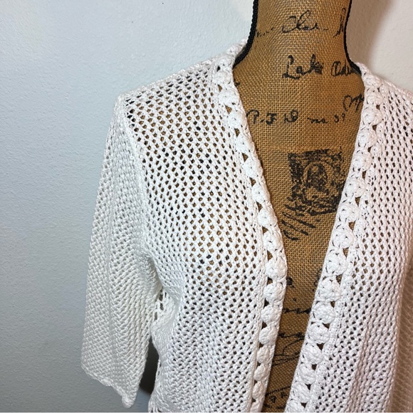 C.P. Shades White Cotton Crochet Lace Knit Cardigan Sweater Open Front Coastal M - Picture 3 of 12